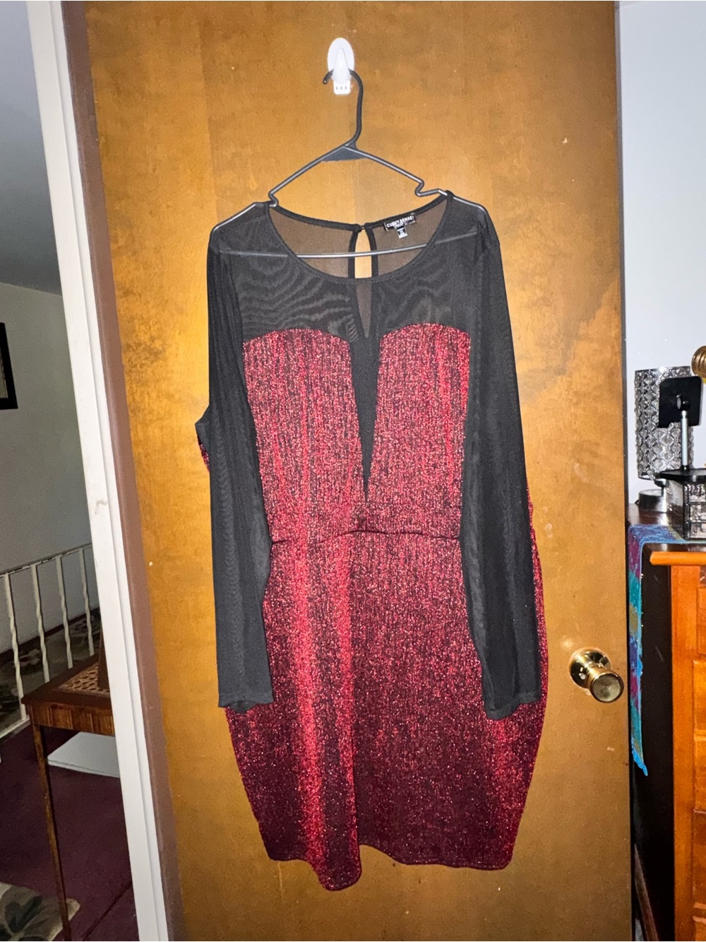 Glitter Red Long-Sleeve Party Dress with Sheer Black Overlay